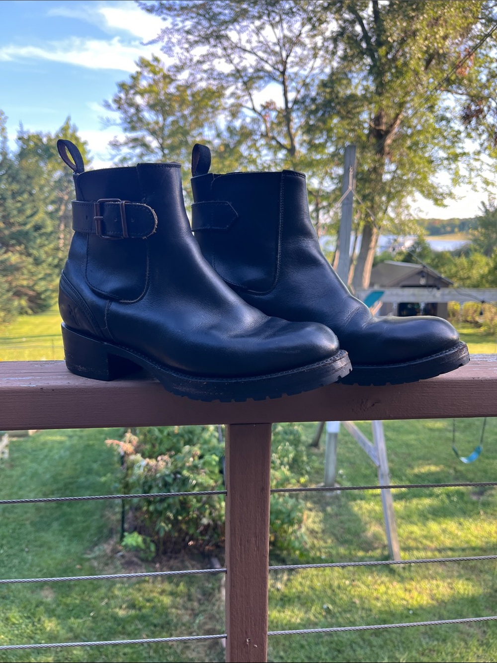 Frye Black Leather Buckle Ankle Booties